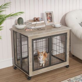 Furniture Style Dog Crate Side Table on Wheels with Double Doors and Lift Top.