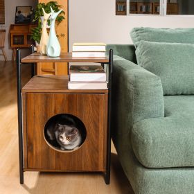 Pet Side Table; Hidden Cat Room with Storage Shelf for Living Room; Brown