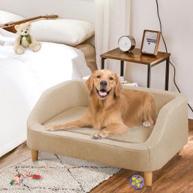 32" Beige Pet Sofa; Dog Sofa; Cat sofa; Cat Bed; Pet Bed; Dog Bed; Cat Bed; rectangle sofa with movable cushion; with wood style foot