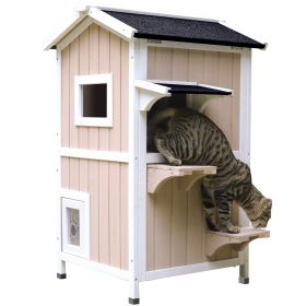 Water-proof 2-story feral cat shelter outdoor wooden small pet animal home with asphalt roof escape doors cat house