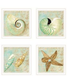 "Ocean Collection " 4-Piece Vignette By Sophie 6; Ready to Hang Framed Print; White Frame