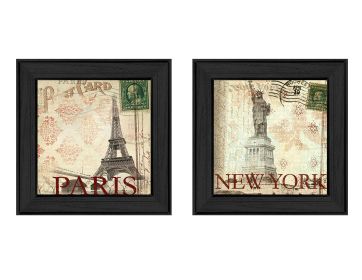 "Post Cards Collection" 3-Piece Vignette By Dee Dee; Printed Wall Art; Ready To Hang Framed Poster; Black Frame