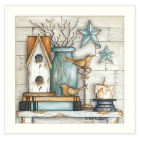 "Birdhouse on Books" By Mary June; Printed Wall Art; Ready To Hang Framed Poster; White Frame