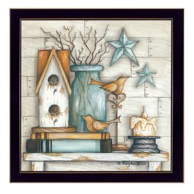 "Birdhouse on Books" By Mary June; Printed Wall Art; Ready To Hang Framed Poster; Black Frame