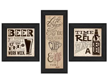 "Beer Time Collection" 3-Piece Vignette By Deb Strain; Printed Wall Art; Ready To Hang Framed Poster; Black Frame