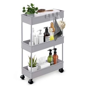 Slim Storage Cart; 3 Tier Bathroom Organizers Rolling Utility Cart; Kitchen Carts on Wheels; Slide Out Storage Shelves for Office; Kitchen; Bedroom; B (Color: Gray)