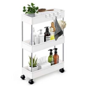 Slim Storage Cart; 3 Tier Bathroom Organizers Rolling Utility Cart; Kitchen Carts on Wheels; Slide Out Storage Shelves for Office; Kitchen; Bedroom; B (Color: White)