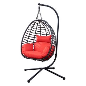 Outdoor Rattan Hanging Oval Egg Chair (Color: Red)